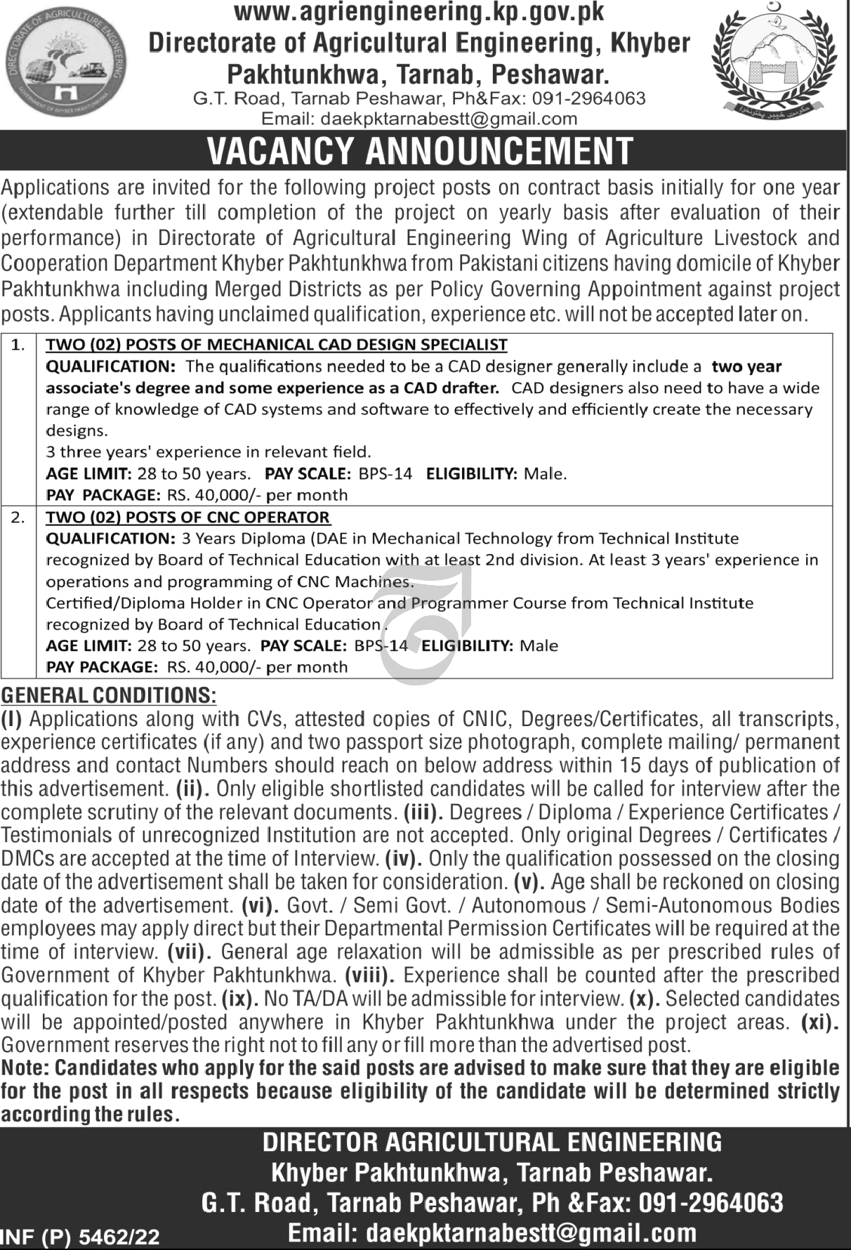 Directorate of Agricultural Engineering KPK Govt Jobs