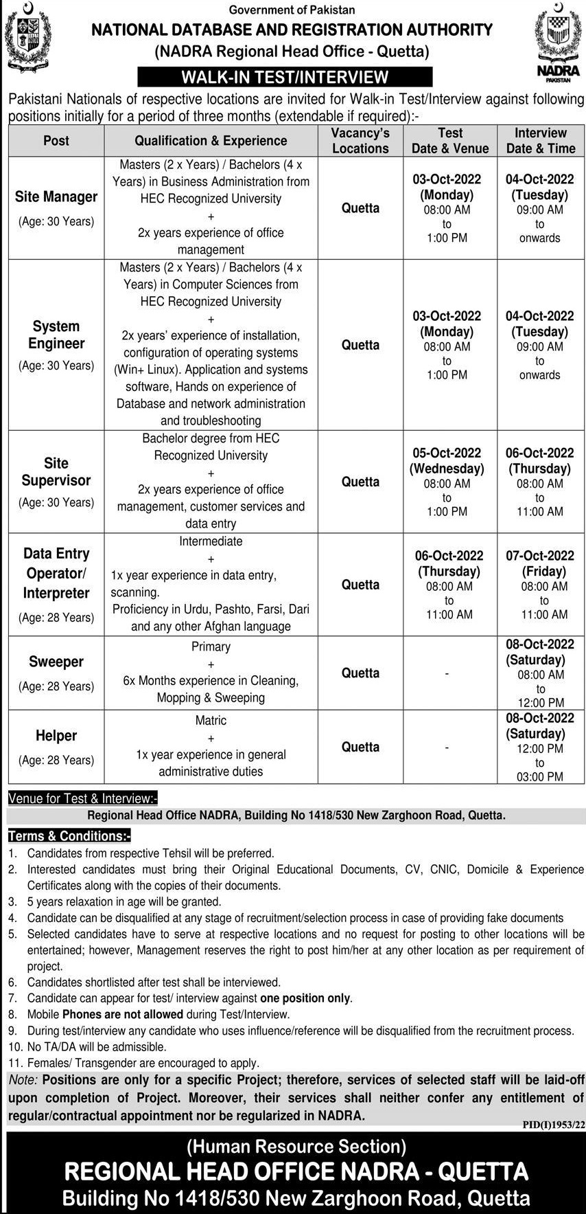 National Database and Registration Authority Quetta Govt Jobs