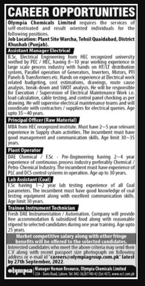 Olympia Chemicals Limited Lahore Jobs