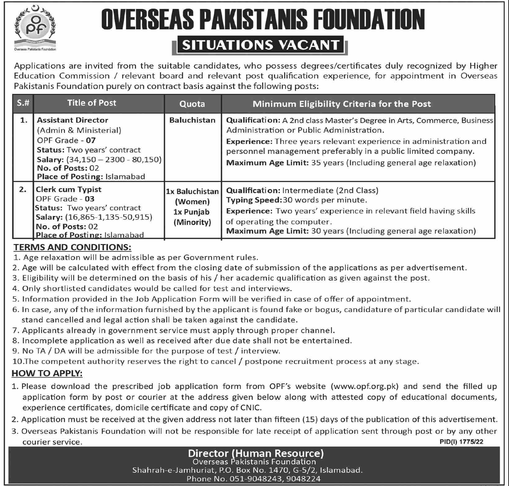 Overseas Pakistanis Foundation Jobs