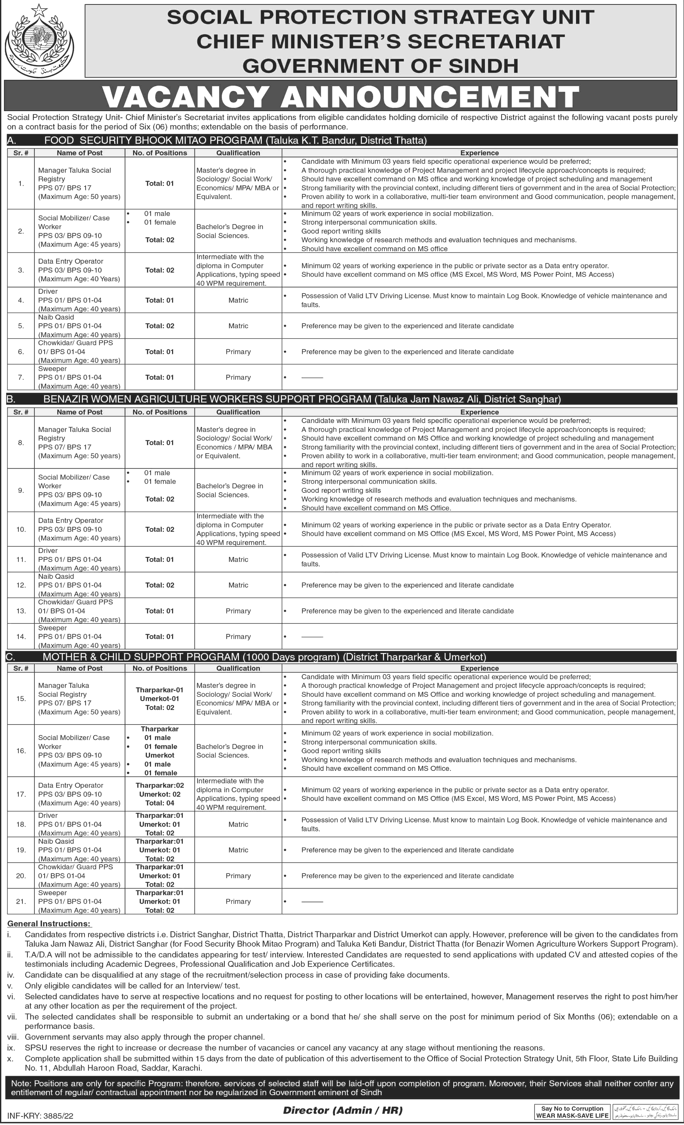 Social Protection Strategy Unit Sindh Govt Jobs