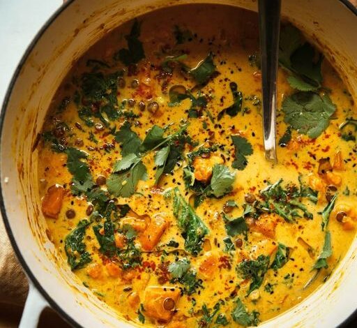 Vegan Ginger Sweet Potato & Coconut Milk Stew with Lentils and Kale