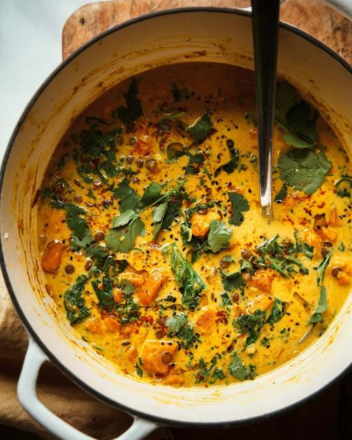 Vegan Ginger Sweet Potato & Coconut Milk Stew with Lentils and Kale